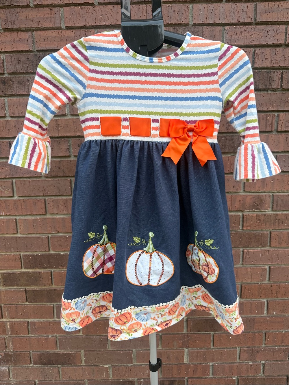 Bonnie Jean Girls Size 8 Pumpkin Thanksgiving Dress Fall Autumn Stripe Applique